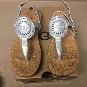 New! 6.5 UGG Ayden Footbed logo slingback thong sandals silver
